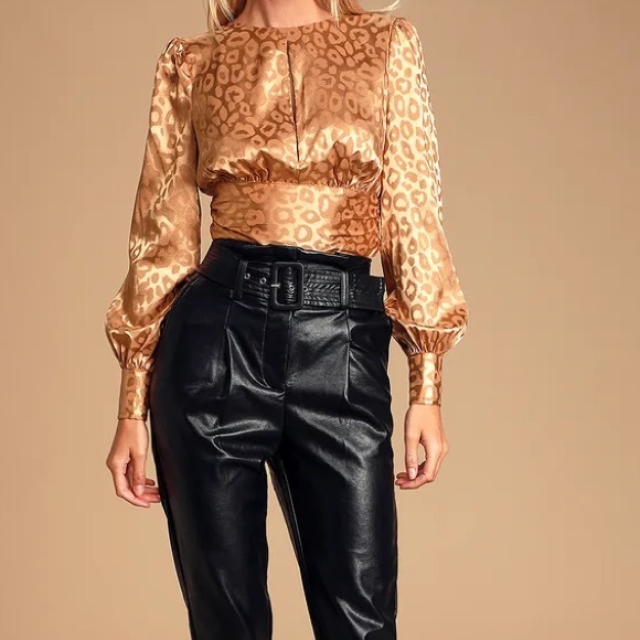 Lulu’s Tan Satin Leopard Print Tie-Back Crop Top - Picture 2 of 4